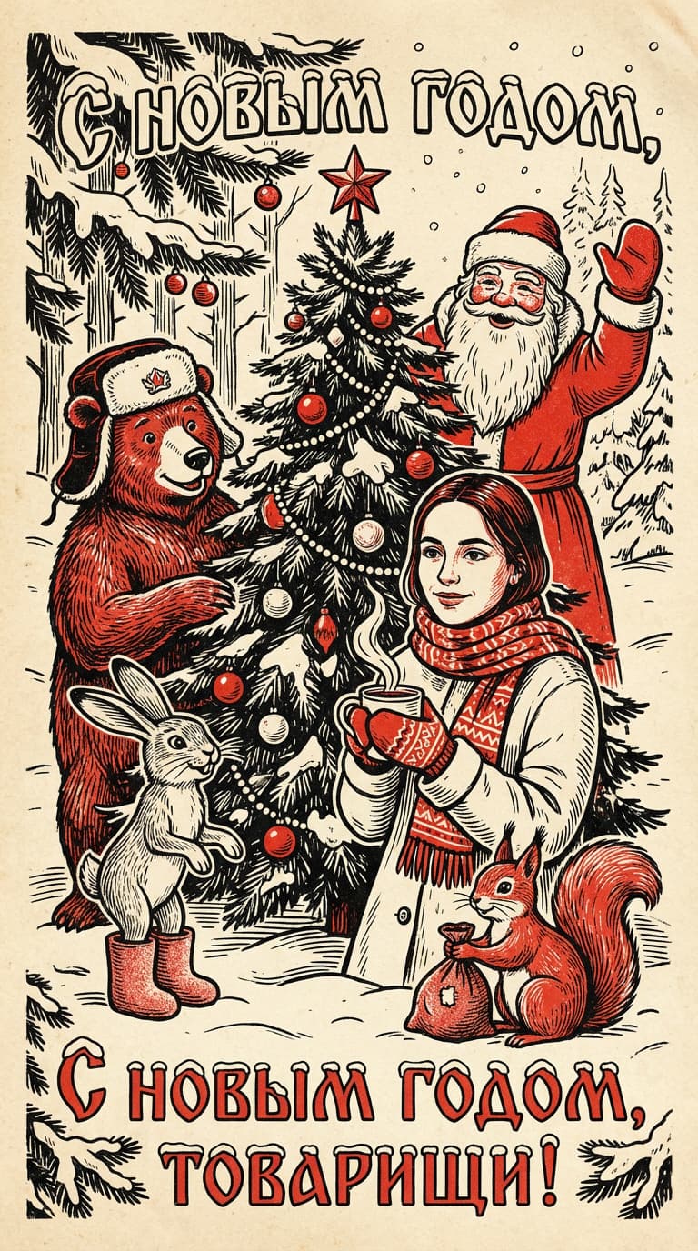 Как сделать новогоднюю открытку в стиле СССР с помощью нейросети: 30 готовых промптов